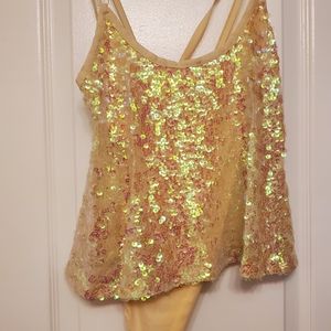 Intimately Free People Bodysuit Last Dance Sequin Flounce Strappy V Back Ivory S